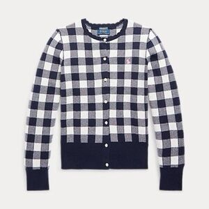 EUC Girls M(8-10) Ralph Lauren Polo Buffalo plaid, buttonup cardigan, navy+white
